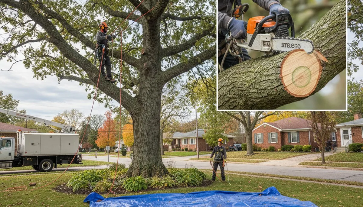 Arborist removing dead branches with safety gear during tree trimming in Cleveland, OH