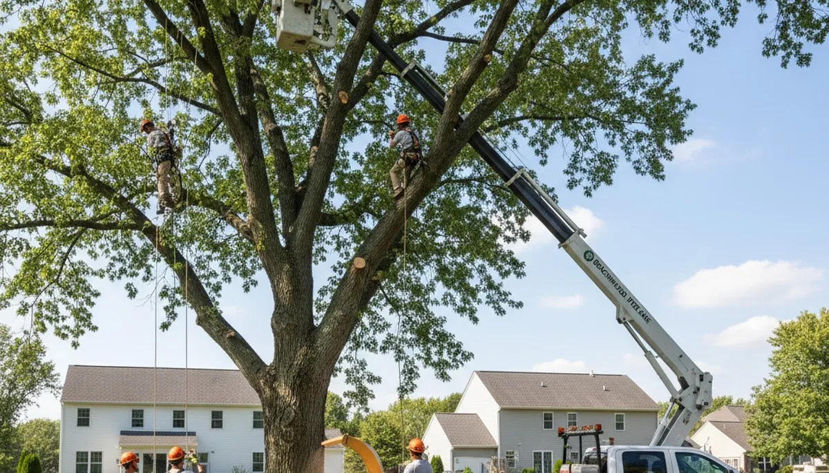 Professional tree removal service in Cleveland, OH safely cutting and clearing large backyard tree